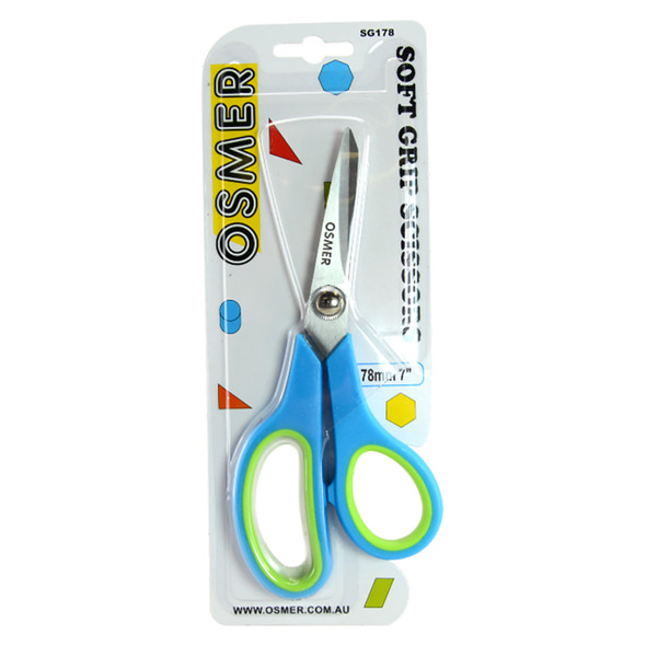 Osmer Soft Grip Scissors 178mm Green and Blue Offset Handle Hangsell Pack of 12