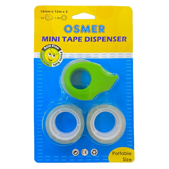 Osmer Mini Tape Dispenser with 2 Extra Tapes 18mm x 12m Hangsell Pack of 12