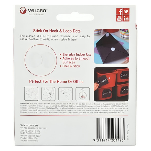 Osmer Velcro Brand 125mm x 22mm Self Adhesive Spot Hook Dots White