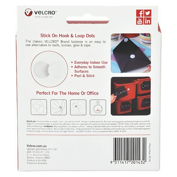 Osmer Velcro Brand 62mm x 22mm Self Adhesive Spot Hook and Loop Dots White