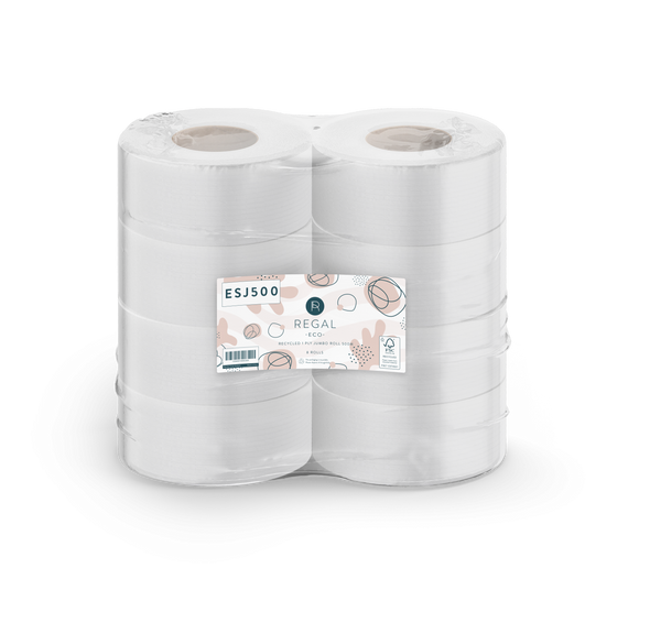 Regal Eco Recycled 1 Ply Jumbo Roll 500m ESJ500 pack of 8 toilet rolls, FSC certified Regal Eco Recycled 1 Ply Jumbo Roll 500m ESJ500 pack of 8 toilet rolls, FSC certified