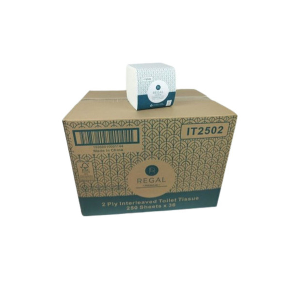 Regal Premium 2 Ply Interleaved Toilet Tissue IT2502 carton with 250 sheet pack, 36 packs per box, FSC certified Regal Premium 2 Ply Interleaved Toilet Tissue IT2502 carton with 250 sheet pack, 36 packs per box, FSC certified