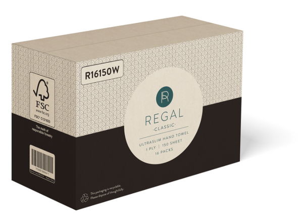 Regal Classic 1 Ply Ultraslim Hand Towel R16150W carton of 16 packs, 150 sheets per pack, FSC certified Regal Classic 1 Ply Ultraslim Hand Towel R16150W carton of 16 packs, 150 sheets per pack, FSC certified