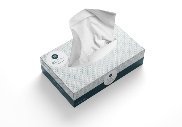 Regal Premium 2 Ply Facial Tissue Box with soft tissue sheet partially pulled out – KFT1002 Regal Premium 2 Ply Facial Tissue Box with soft tissue sheet partially pulled out – KFT1002