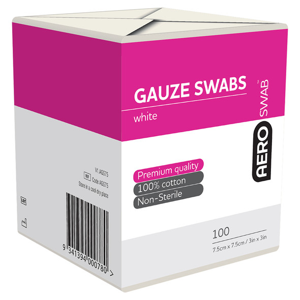 AeroSwab Non-Sterile White Gauze Swab 7.5 x 7.5cm Pack/100 (8ply) | Mega Office Supplies