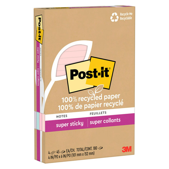 Post-it Super Sticky Notes Lined Assorted Pastels 101 x 152mm Pack of 4 4621R-4SSNRP