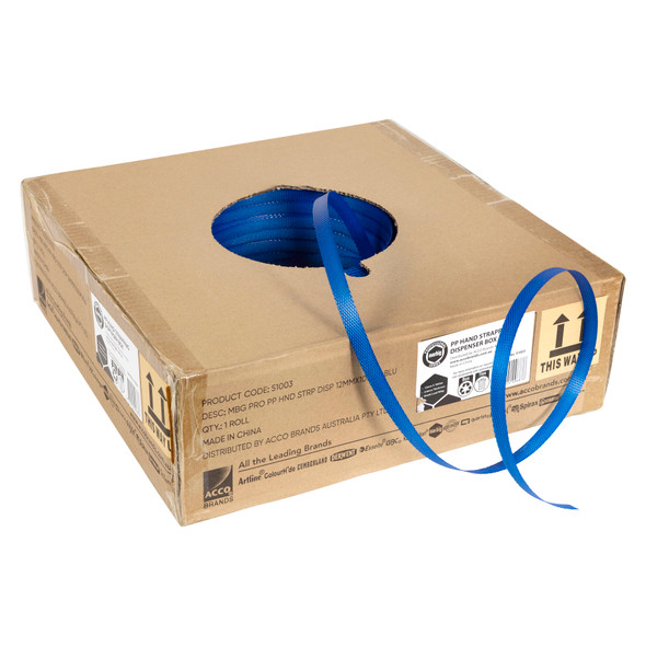 Marbig Professional Hand Strapping 12mm x 1000m 0.6mm Dispenser Box Blue