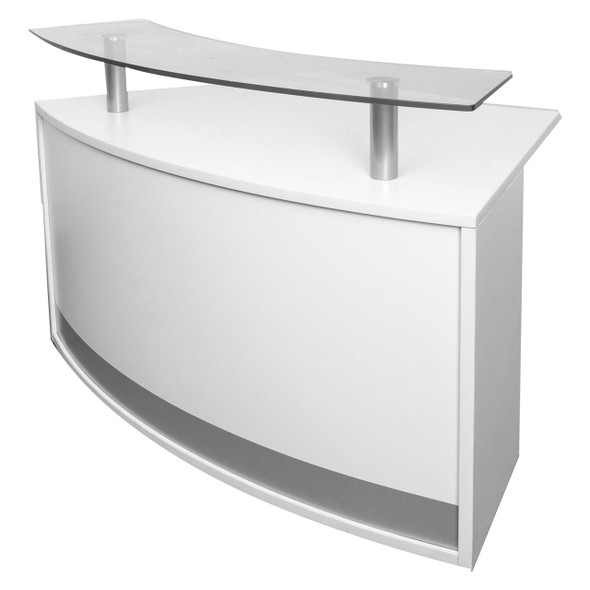Rapidline Modular Reception Counter 1339 x 872 x 935mm with Half Height Glass Shelf Natural White | Mega Office Supplies