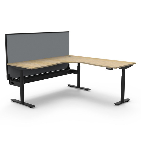 Rapidline Halo Plus Corner Workstation with Screen and Cable Tray 1500 x 1500mm W Natural Oak Top / Black Frame | Mega Office Supplies