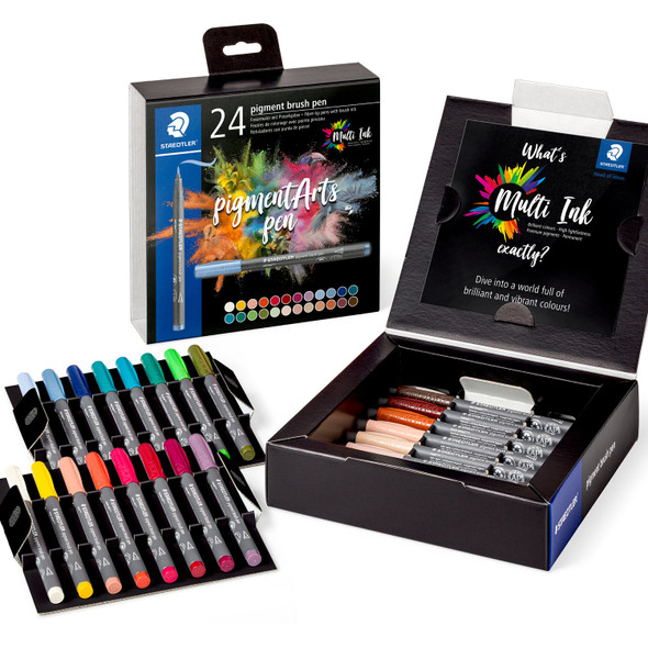 Staedtler Pigment Arts Brush Pen Assorted Colours 2 Pack of 24 371 | Mega Office Supplies