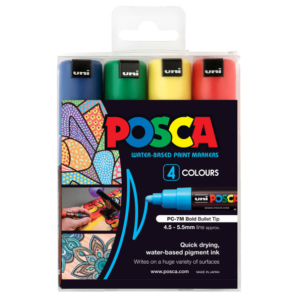 Posca PC-7M Paint Marker Pen Bullet Bold Assorted Wallet of 4