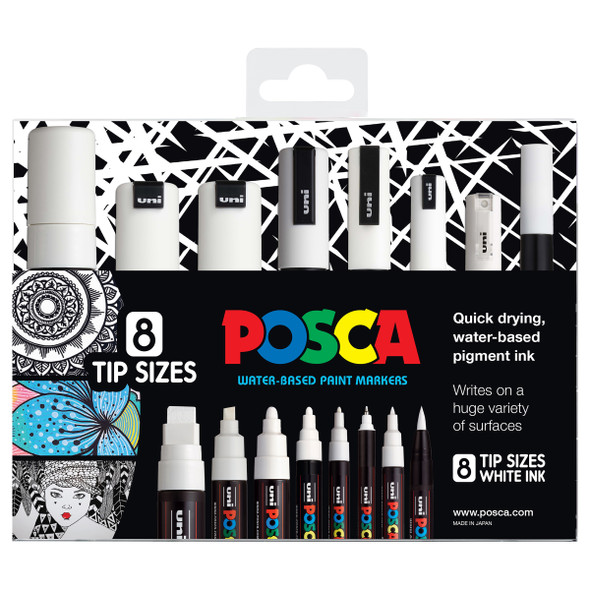 Posca Paint Marker Pen Assorted Tip Sizes White Wallet of 8