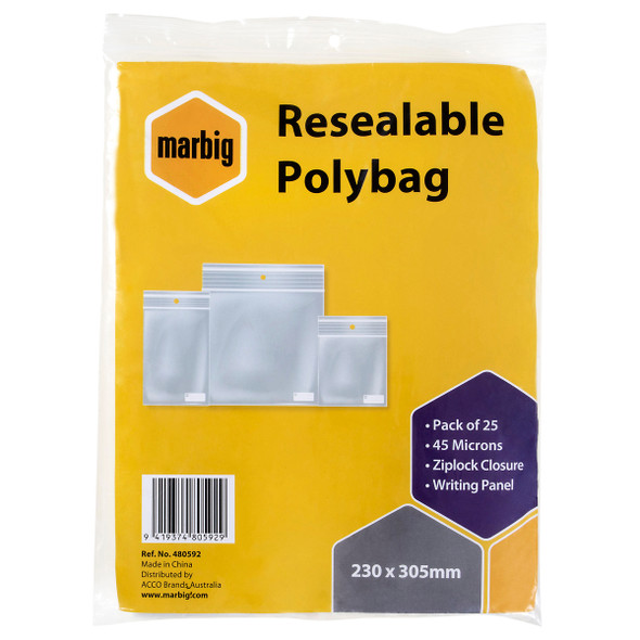 Marbig Resealable Polybags 230mm x 305mm with Writing Panel Pack of 25