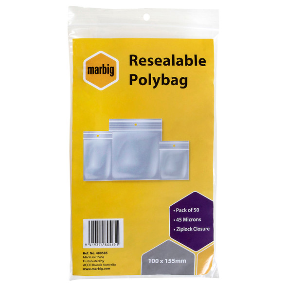 Marbig Resealable Polybags 100mm x 155mm Pack of 50