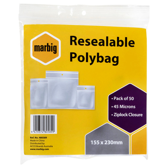 Marbig Resealable Polybags 155mm x 230mm Pack of 50
