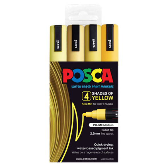 Posca PC-5M Paint Marker Pen Bullet Medium Yellow Assorted Wallet of 4