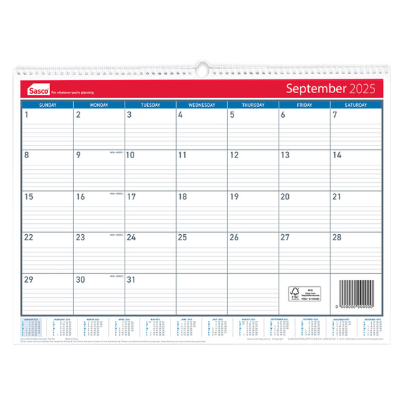 Sasco 2026 Monthly Wall Calendar 530 x 395mm | Mega Office Supplies Sasco 2026 Monthly Wall Calendar 530 x 395mm | Mega Office Supplies