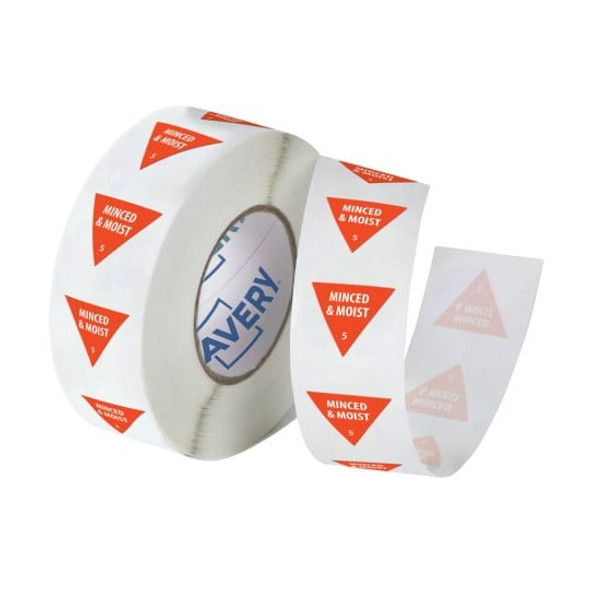 Roll of Avery Minced & Moist IDDSI Level 5 food consistency labels in orange triangle format. Roll of Avery Minced & Moist IDDSI Level 5 food consistency labels in orange triangle format.