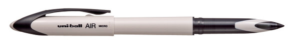 Uni-ball Air Micro pen in greige pastel barrel with black clip, uncapped to reveal writing tip Uni-ball Air Micro pen in greige pastel barrel with black clip, uncapped to reveal writing tip