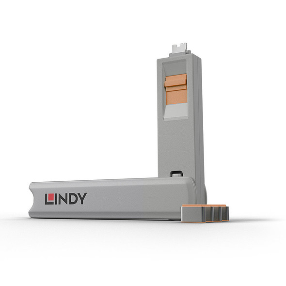 Lindy USB C Port Blocker 4 Pack + Key Orange