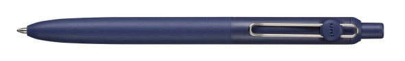 Uni-ball Zento retractable pen with coastal blue barrel and silver spring-loaded clip, close-up view Uni-ball Zento retractable pen with coastal blue barrel and silver spring-loaded clip, close-up view