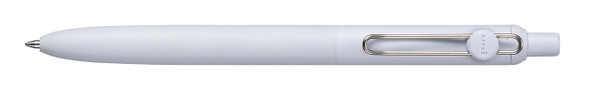 Uni-ball Zento retractable pen with fog grey barrel and silver spring-loaded clip, close-up view Uni-ball Zento retractable pen with fog grey barrel and silver spring-loaded clip, close-up view