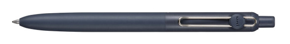 Uni-ball Zento retractable pen with indigo barrel and silver spring-loaded clip, close-up view Uni-ball Zento retractable pen with indigo barrel and silver spring-loaded clip, close-up view