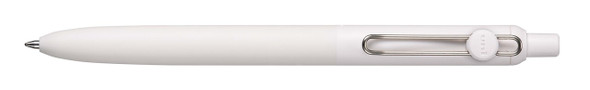 Uni-ball Zento retractable pen with linen white barrel and silver spring-loaded clip, close-up view Uni-ball Zento retractable pen with linen white barrel and silver spring-loaded clip, close-up view