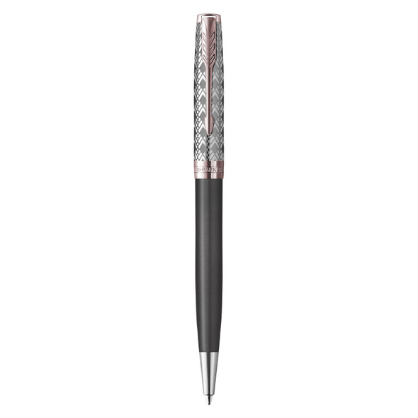 Parker Sonnet Premium Ballpoint Pen Metal Grey Lacquer and Rose Gold Trim Medium Tip