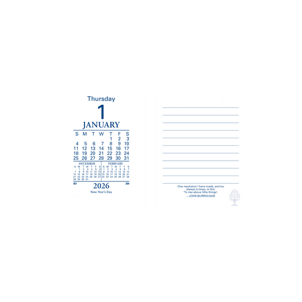 Collins Desk Calendar Refill 2026 daily page layout showing January 1st with lined notes section and inspirational quotation Collins Desk Calendar Refill 2026 daily page layout showing January 1st with lined notes section and inspirational quotation