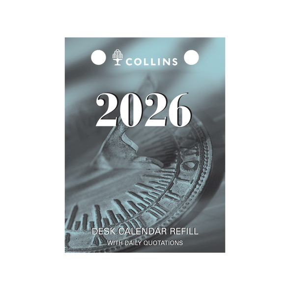 Collins Desk Calendar Refill 2026 front cover with daily quotations and top punch design Collins Desk Calendar Refill 2026 front cover with daily quotations and top punch design