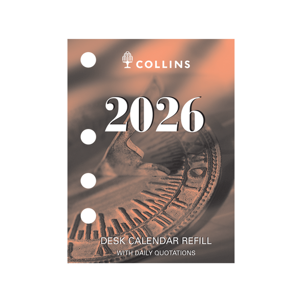 Collins Desk Calendar Refill 2026 front cover side punch design with daily quotations Collins Desk Calendar Refill 2026 front cover side punch design with daily quotations