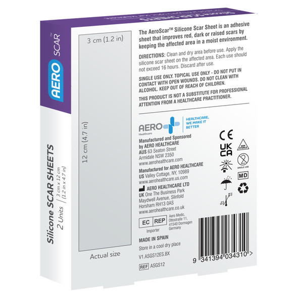 Silicone Scar Sheets 3 x 12cm Box of 2 AeroScar Silicone Scar Sheets 3 x 12cm Box of 2 AeroScar