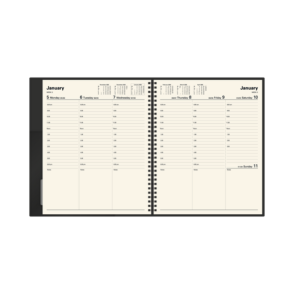 Collins Vanessa Diary 2026 Quarto Week To View layout showing cream pages with hourly scheduling and monthly calendar reference.
