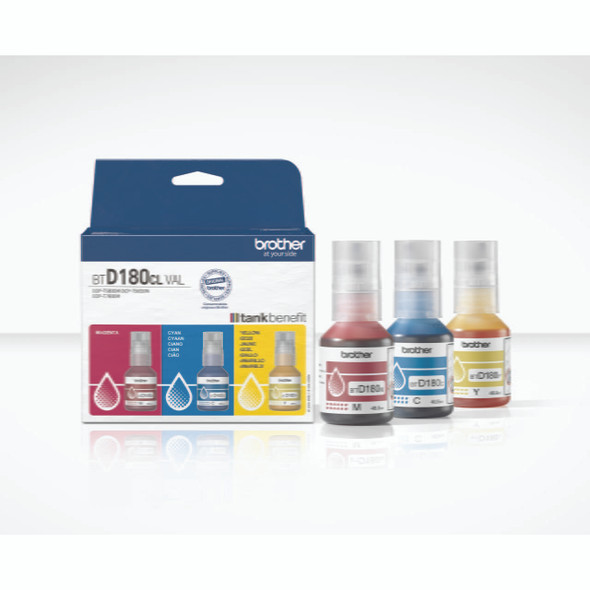 Brother BTD180CLVAL CMY Value Pack with cyan, magenta and yellow ink bottles Brother BTD180CLVAL CMY Value Pack with cyan, magenta and yellow ink bottles