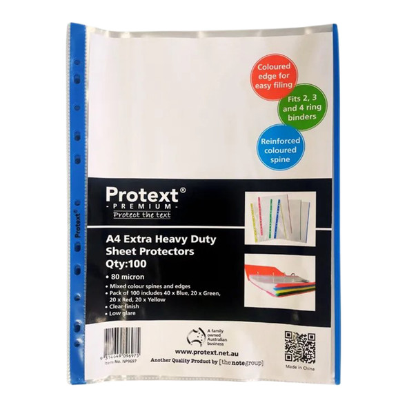 Protext Premium Extra Heavy Duty Sheet Protector A4 80 Micron Coloured Spine Pack of 100