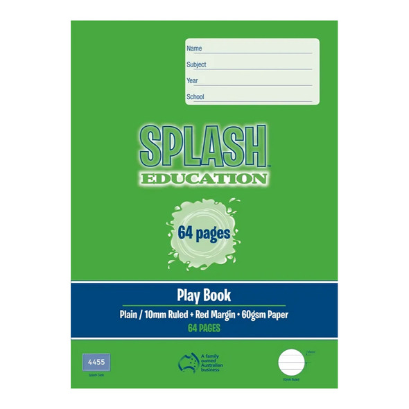 Splash Education Play Book 64 Page Plain/10mm Solid Ruled + Red Margin Pack of 10 Splash Education Play Book 64 Page Plain/10mm Solid Ruled + Red Margin Pack of 10
