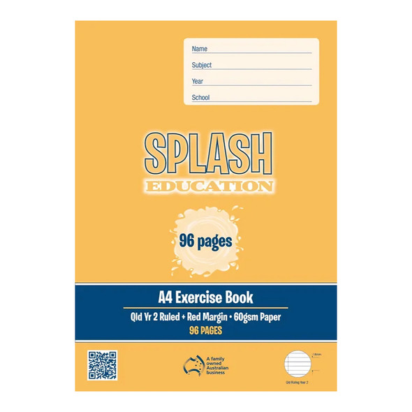 Splash Education A4 Exercise Book 96 Page Qld Year 2 Ruled + Red Margin Pack of 10 Splash Education A4 Exercise Book 96 Page Qld Year 2 Ruled + Red Margin Pack of 10