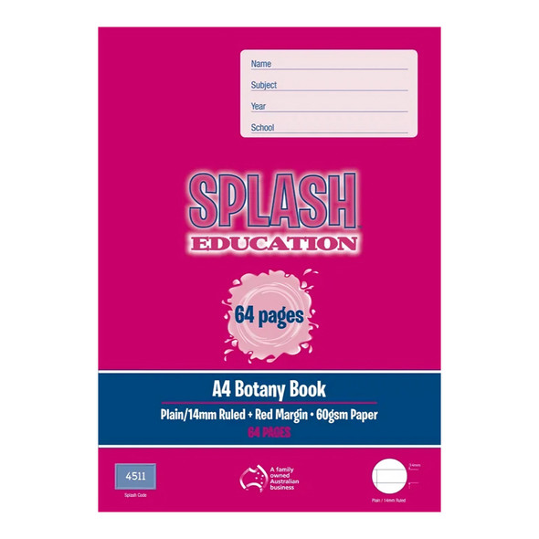 Splash Education A4 Botany Book 64 Page Plain/14mm Solid Ruled + Red Margin Pack of 20 Splash Education A4 Botany Book 64 Page Plain/14mm Solid Ruled + Red Margin Pack of 20