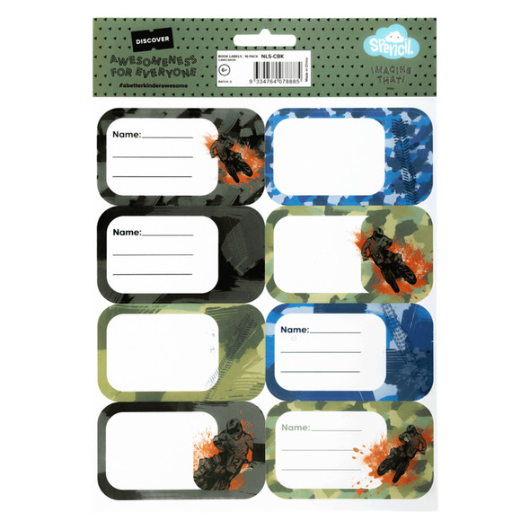 Spencil Book Labels Pack 16 Box of 6 Camo Biker