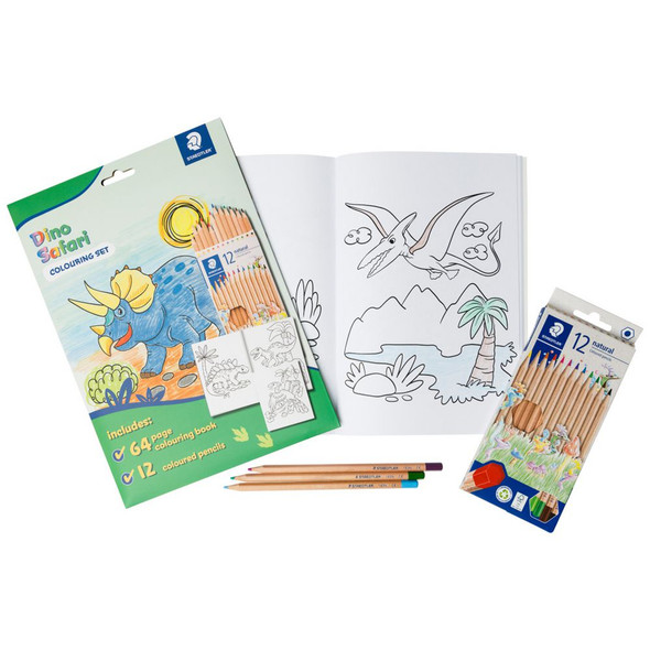 Staedtler Dino Safari colouring pages partially coloured with pencils beside