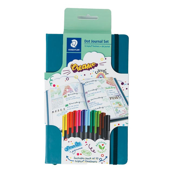 STAEDTLER Triplus Fineliner and Hardcover Dot Journal Set featuring 10 assorted colour fineliners and teal vegan leather dot grid journal.
