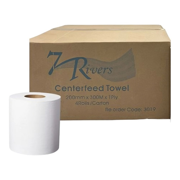 1 Ply Centrefeed Towel 20cmx300m 4 Rolls/Ctn 7 Rivers