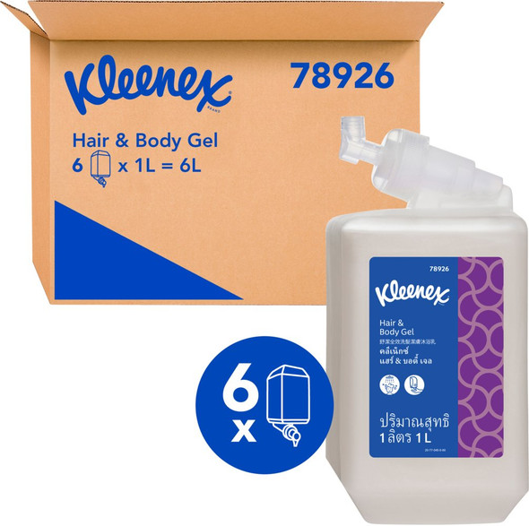 Kleenex Hair and Body Shower Gel 1L cartridge shown with outer carton and six pack icon.