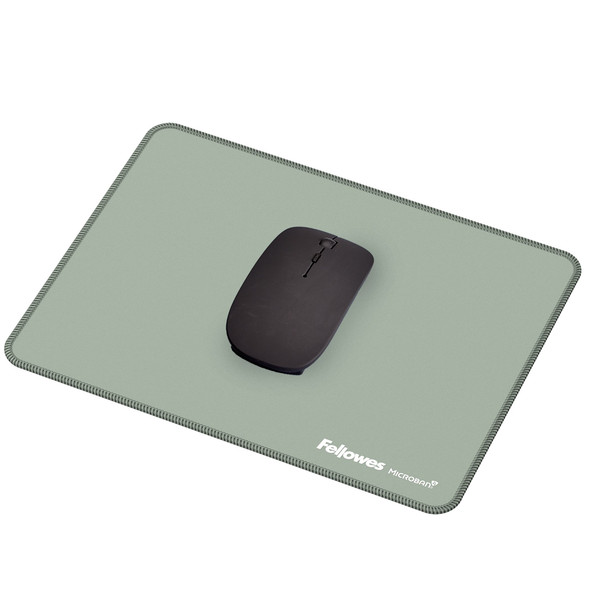 Fellowes Breyta XL Mousepad in sage green with a black wireless mouse placed on top.