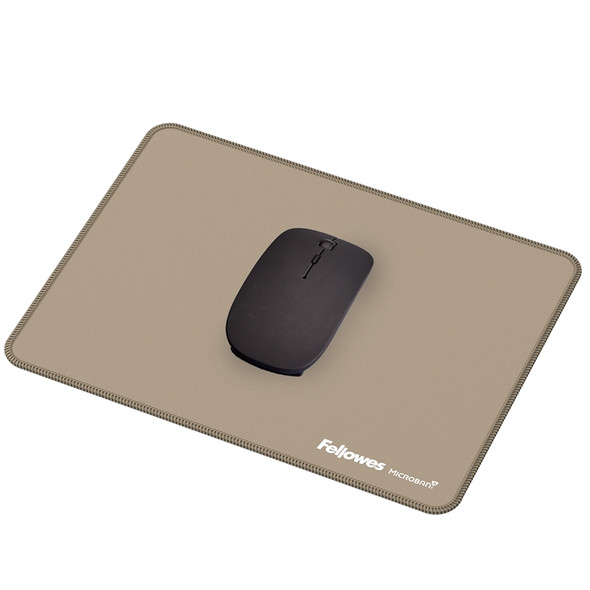 Fellowes Breyta XL Mousepad in sand with a black wireless mouse placed on top.