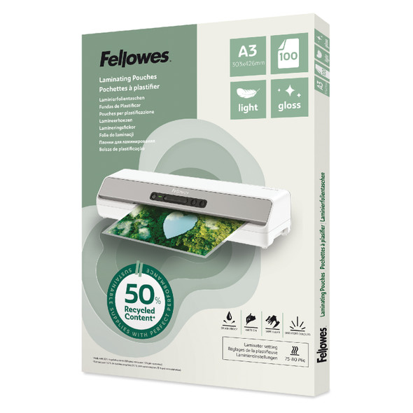 Fellowes Laminating Pouch A3 Light Recycled Content Gloss Pack of 100