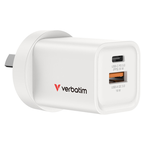 Verbatim 35W 2 Port USB A and C Gan Charger White