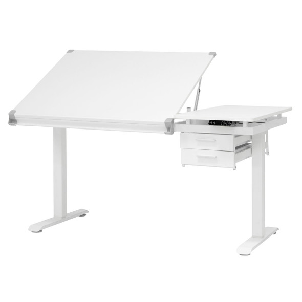 Artfusion Graphix eLift workstation white drafting desk with angled top and side shelf