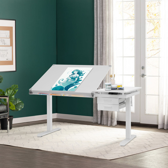 Artfusion Graphix eLift workstation in studio room showing adjustable angled desktop and storage